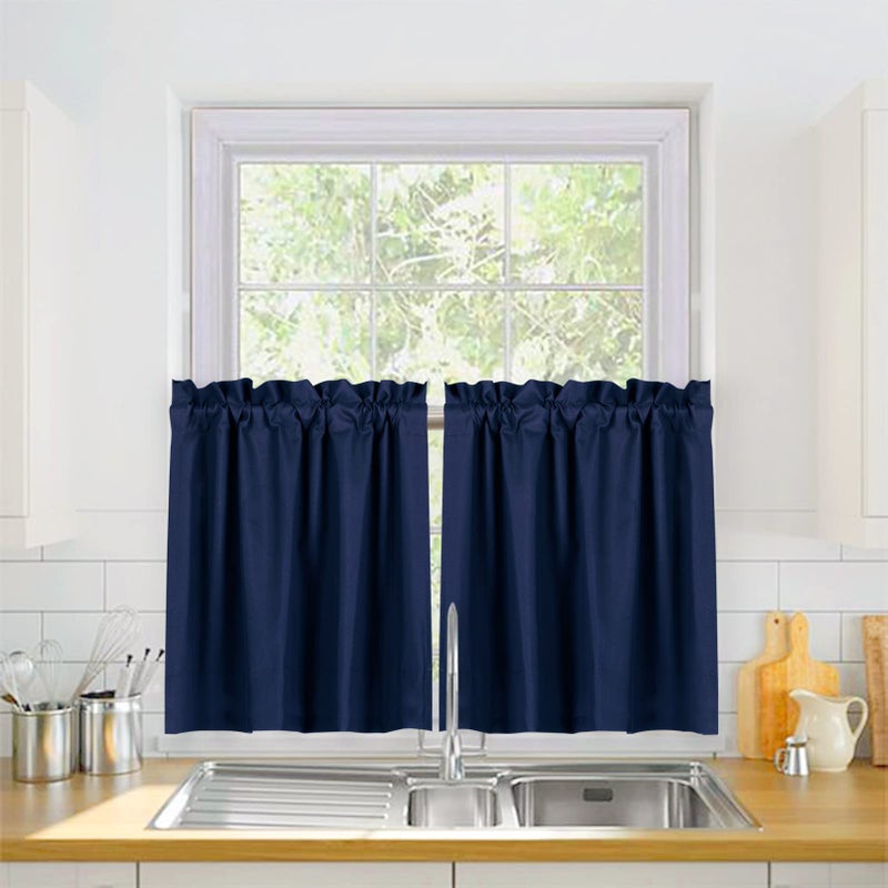 Valea Home Blackout Tiers Curtain for Small Window Rod Pocket Kitchen Curtains Room Darkening Short Curtains for Bedroom, Navy Blue, 30 inch x 24 inch, 2 Panels - Image 2